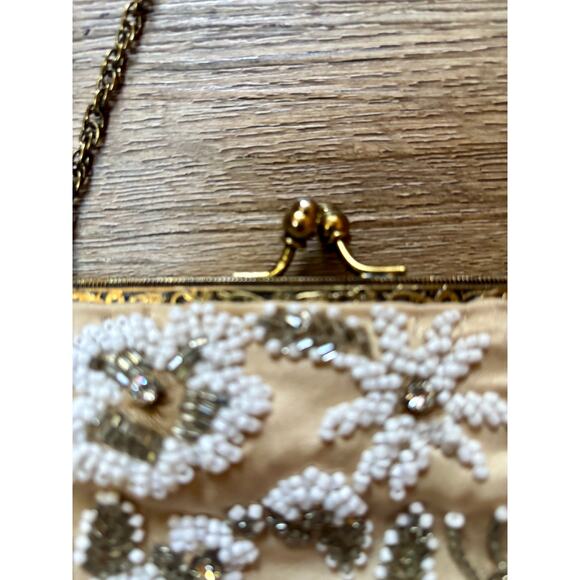 Vintage 90's Santi Beaded Evening Bag Ivory Floral Glass Beads - Picture 4 of 12